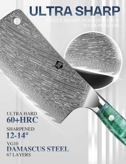 Meat Cleaver, 6.5 inch Heavy Duty Razor Sharp Kitchen Butcher Knife, Forged Damascus Steel, Resin Handle with gift box