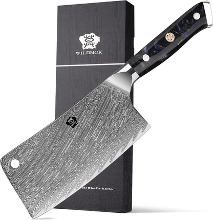 Meat Cleaver, 6.5 inch Heavy Duty Razor Sharp Kitchen Butcher Knife, Forged Damascus Steel, Resin Handle with gift box
