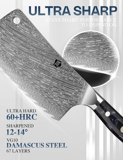 Meat Cleaver, 6.5 inch Heavy Duty Razor Sharp Kitchen Butcher Knife, Forged Damascus Steel, Resin Handle with gift box