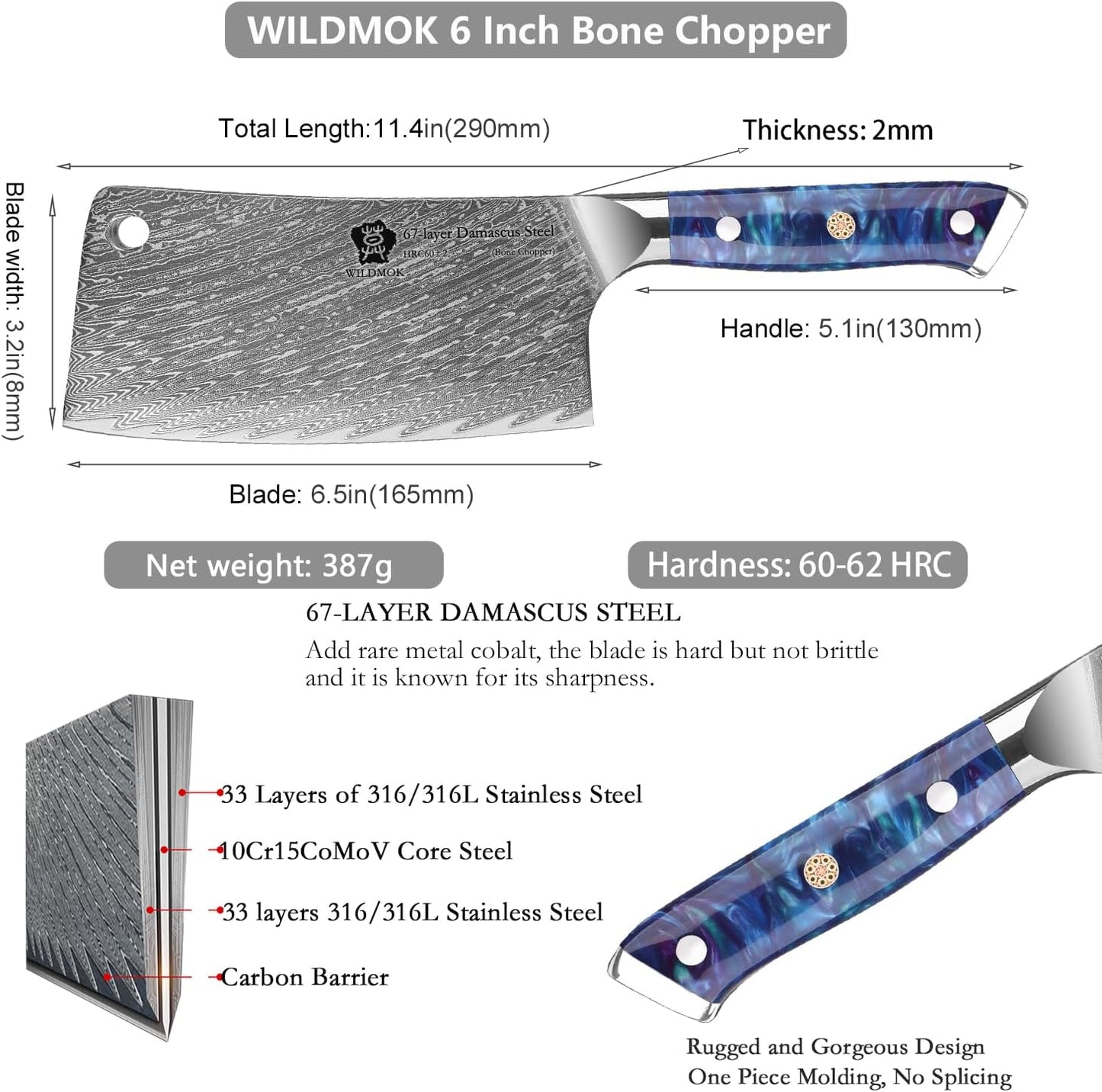 Meat Cleaver, 6.5 inch Heavy Duty Razor Sharp Kitchen Butcher Knife, Forged Damascus Steel, Resin Handle with gift box