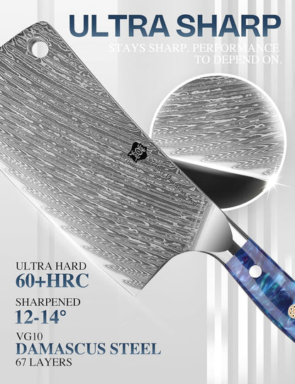 Meat Cleaver, 6.5 inch Heavy Duty Razor Sharp Kitchen Butcher Knife, Forged Damascus Steel, Resin Handle with gift box