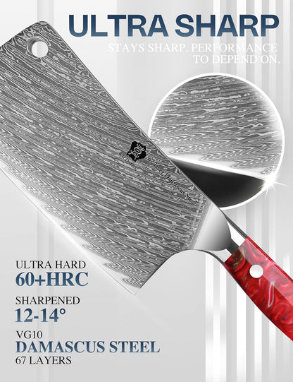 Meat Cleaver, 6.5 inch Heavy Duty Razor Sharp Kitchen Butcher Knife, Forged Damascus Steel, Resin Handle with gift box