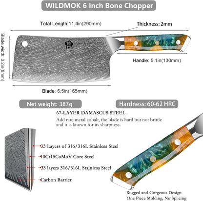 Meat Cleaver, 6.5 inch Heavy Duty Razor Sharp Kitchen Butcher Knife, Forged Damascus Steel, Resin Handle with gift box