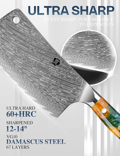 Meat Cleaver, 6.5 inch Heavy Duty Razor Sharp Kitchen Butcher Knife, Forged Damascus Steel, Resin Handle with gift box