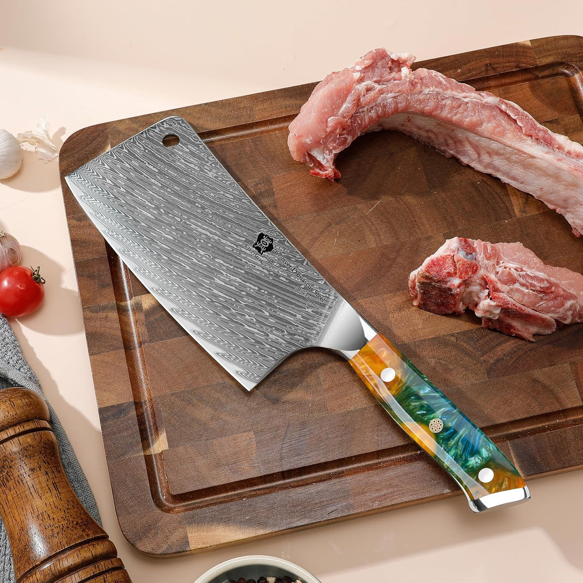 Meat Cleaver, 6.5 inch Heavy Duty Razor Sharp Kitchen Butcher Knife, Forged Damascus Steel, Resin Handle with gift box