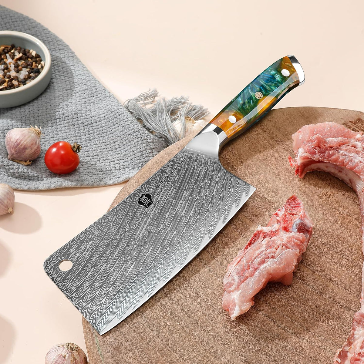 Meat Cleaver, 6.5 inch Heavy Duty Razor Sharp Kitchen Butcher Knife, Forged Damascus Steel, Resin Handle with gift box