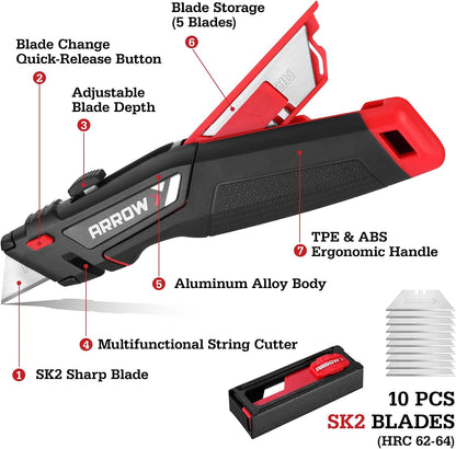 ARROW Retractable Utility Knife, Quick Change Box Cutter with 15 SK2 Blades
