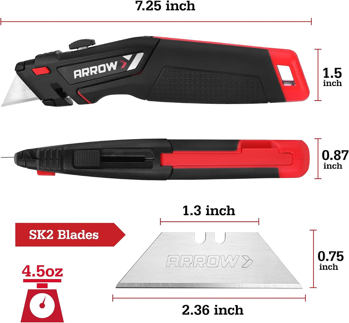 ARROW Retractable Utility Knife, Quick Change Box Cutter with 15 SK2 Blades