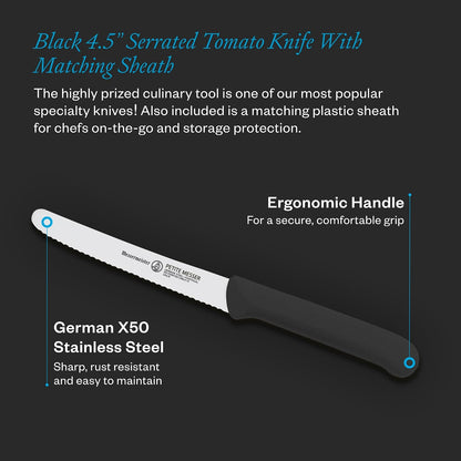 4.5” Serrated Tomato Knife with Matching Sheath, Black - German 1.4116 Steel Alloy - Rust Resistant & Easy to Maintain - Handcrafted in Santa Catarina, Portugal