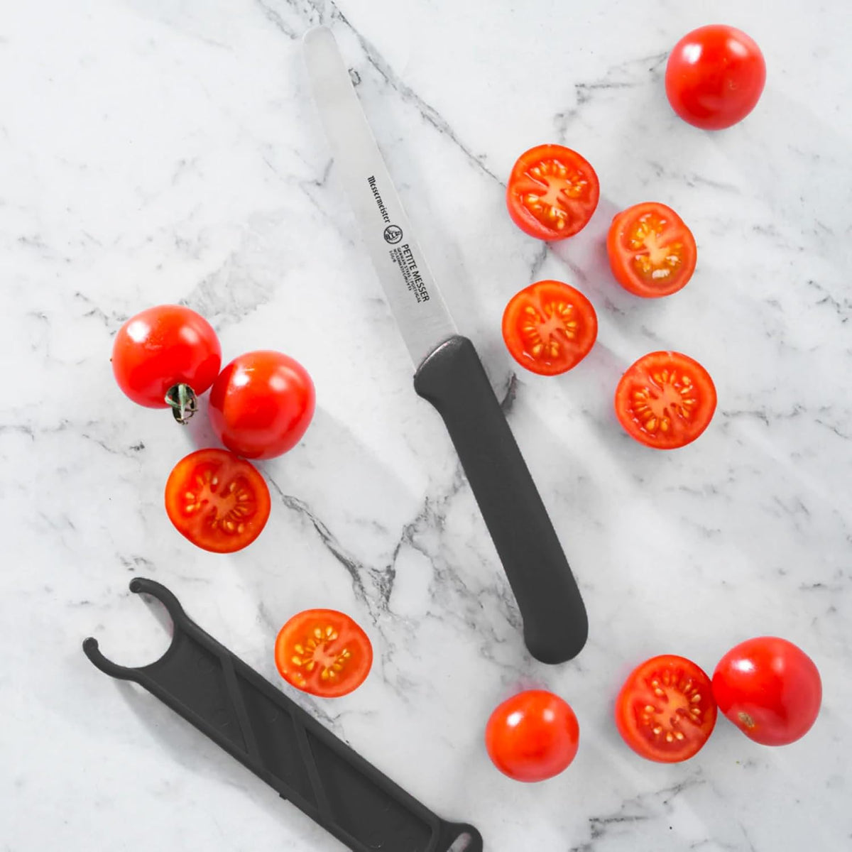 4.5” Serrated Tomato Knife with Matching Sheath, Black - German 1.4116 Steel Alloy - Rust Resistant & Easy to Maintain - Handcrafted in Santa Catarina, Portugal