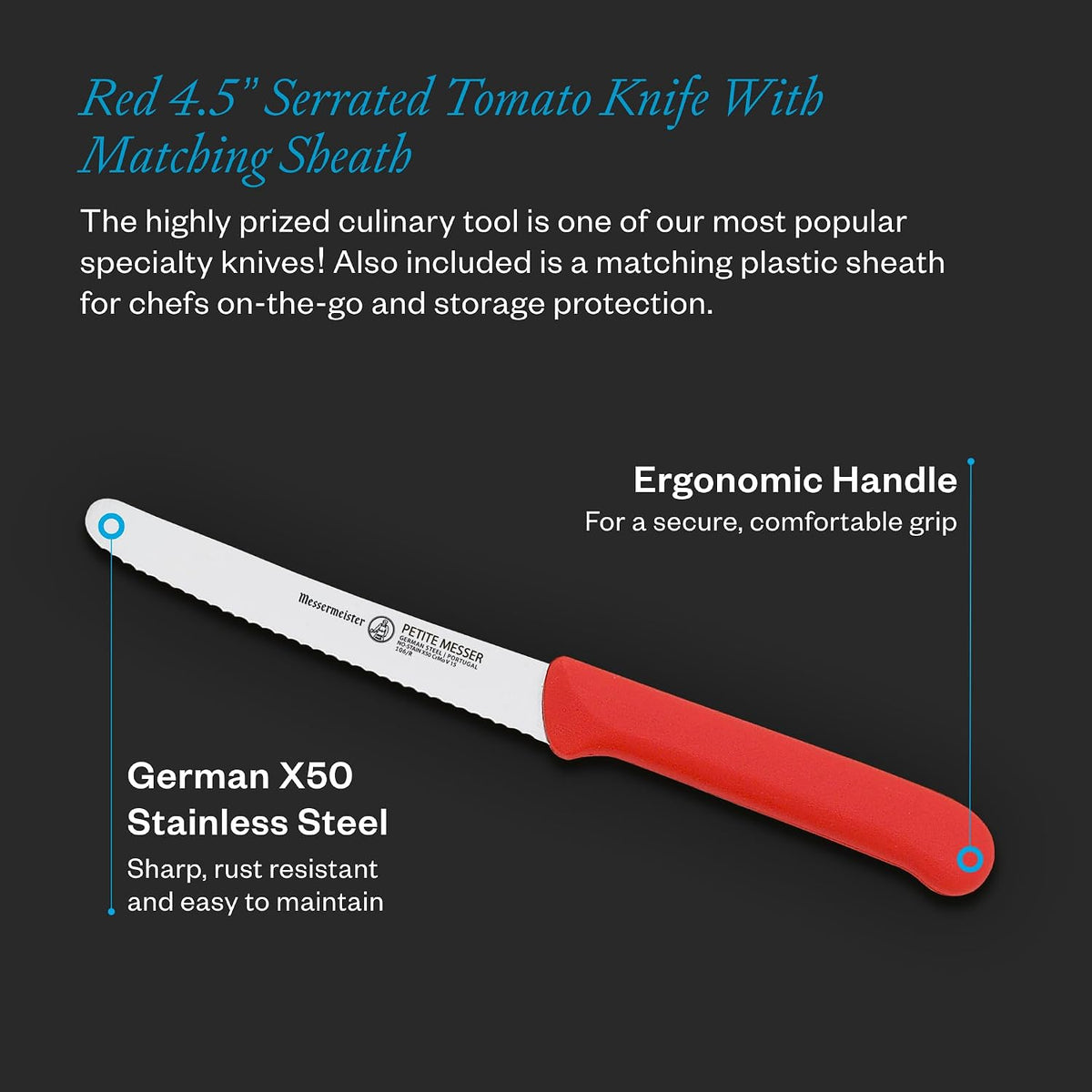 4.5” Serrated Tomato Knife with Matching Sheath, Black - German 1.4116 Steel Alloy - Rust Resistant & Easy to Maintain - Handcrafted in Santa Catarina, Portugal