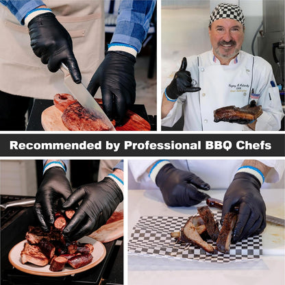 BBQ Gloves - Dual-Layer Heat Defense & Heat Gloves for Cooking - Non-Slip Nitrile Handling for Grilling Accessories - Ambidextrous Oven Mitts with Fingers - Large, Black, 6 Cotton Liners