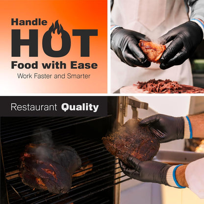BBQ Gloves - Dual-Layer Heat Defense & Heat Gloves for Cooking - Non-Slip Nitrile Handling for Grilling Accessories - Ambidextrous Oven Mitts with Fingers - Large, Black, 6 Cotton Liners