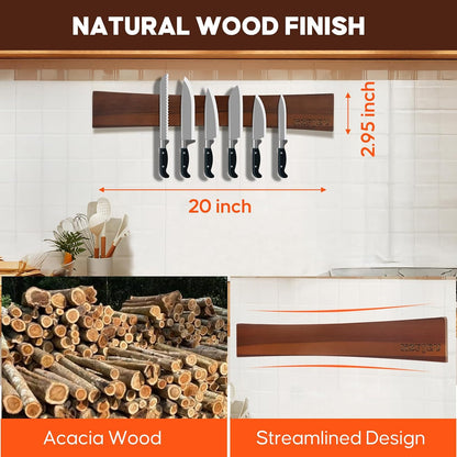 20 Inch Magnetic Knife Holder for Wall,Acacia Wood Double Sided Magnetic Knife Strip for Fridge,No Drilling