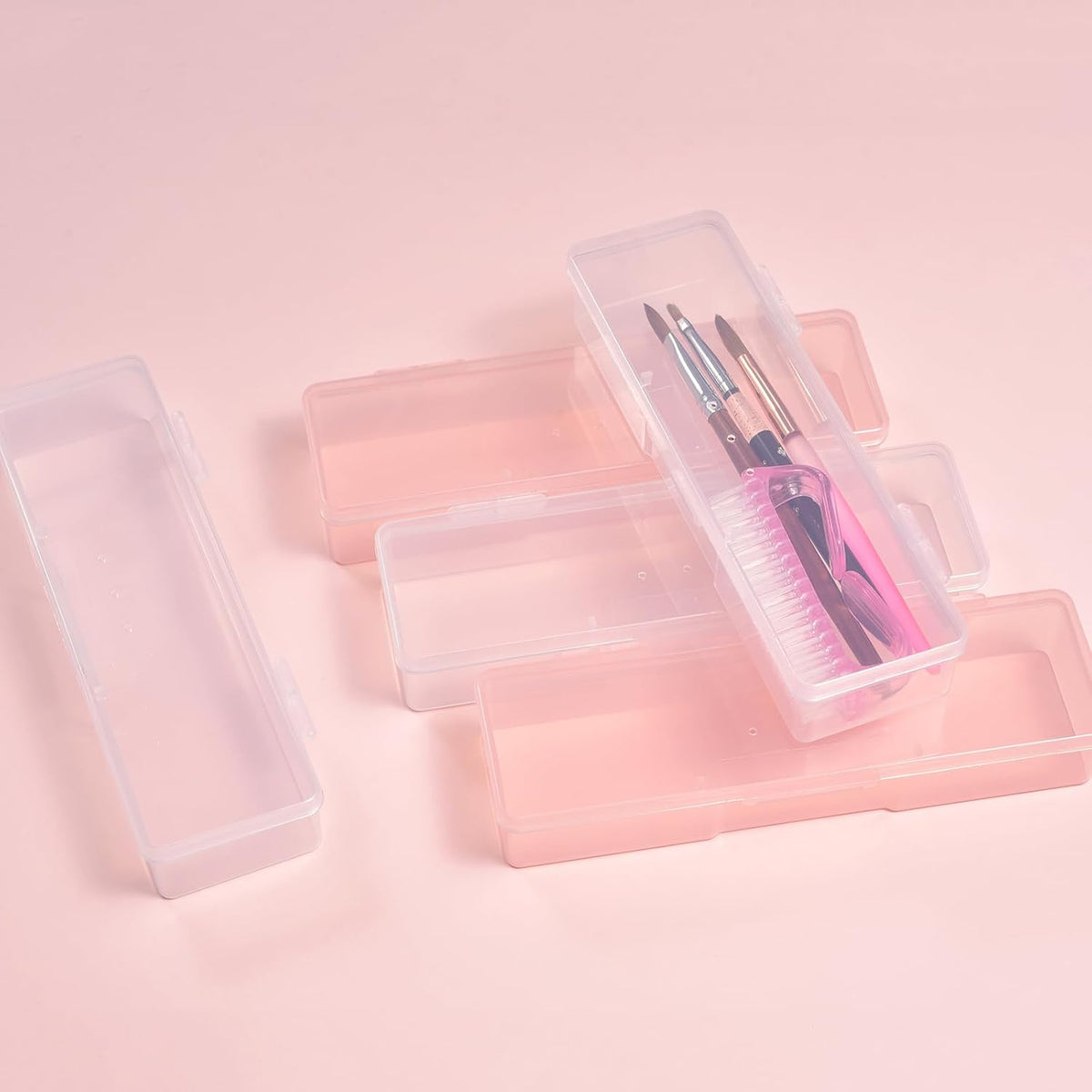 4Pcs Transparent Storage Boxes For Nail Tool Professional Pedicure Manicure Tools Set Plastic Nail Art Tool Box Storage Case Nail Supplies, Pink