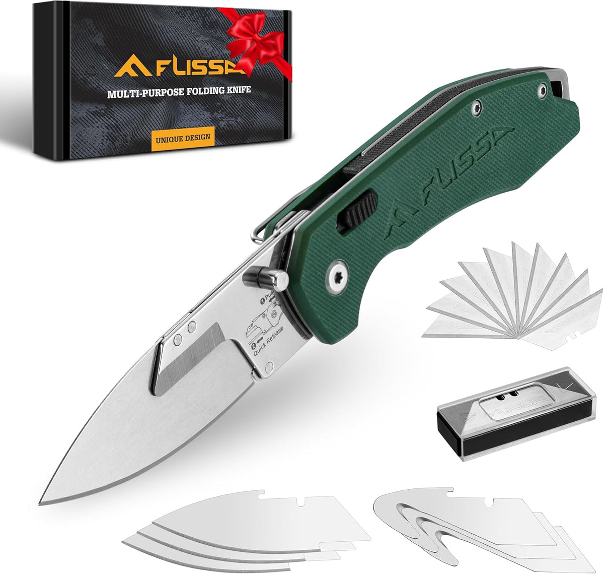 Replaceable Blade Folding Knife, 3-in-1 Pocket Hunting Knives, Liner Lock Knife for Hunting, Skinning & Field Dressing, Green G10 Handle, Includes 16 Blades