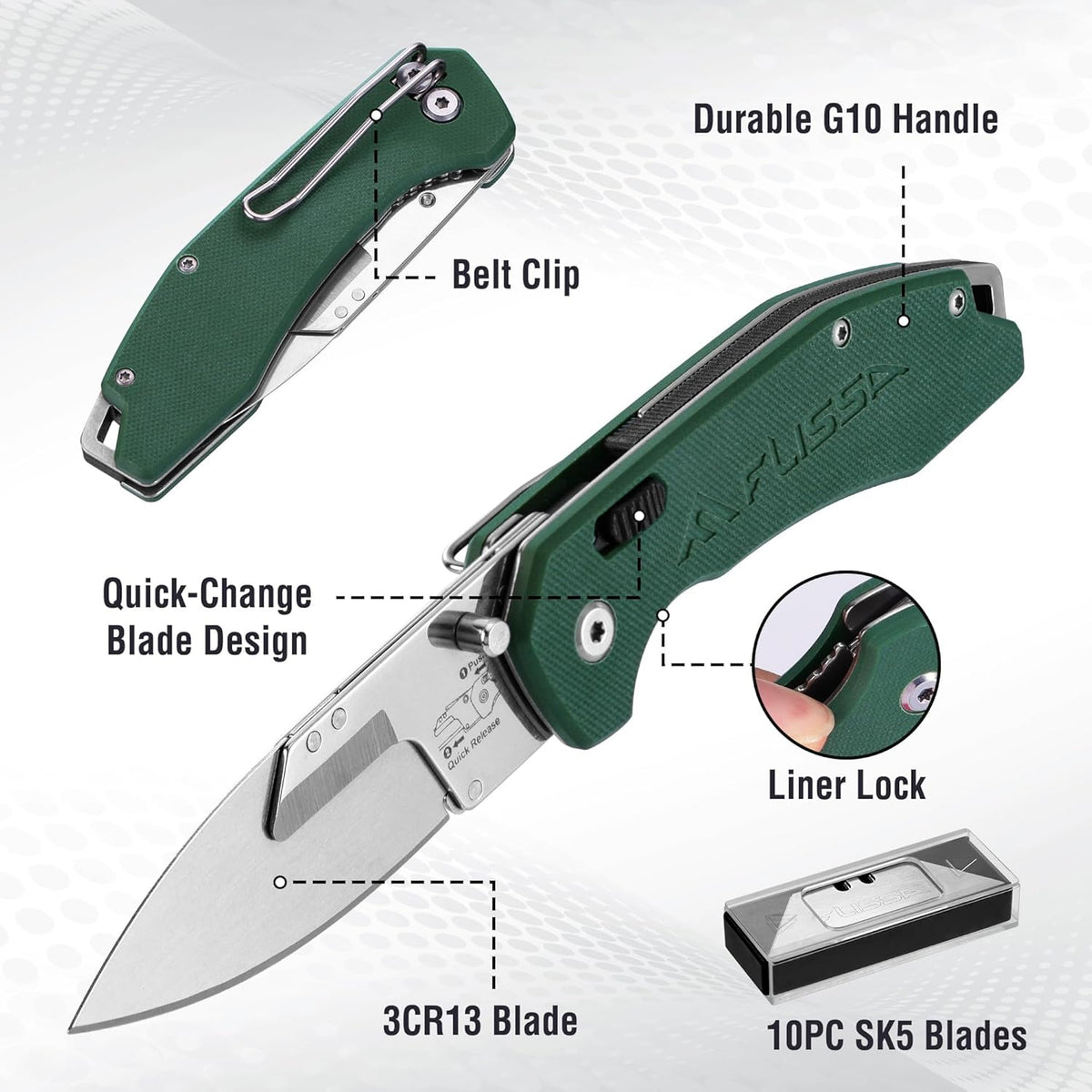 Replaceable Blade Folding Knife, 3-in-1 Pocket Hunting Knives, Liner Lock Knife for Hunting, Skinning & Field Dressing, Green G10 Handle, Includes 16 Blades