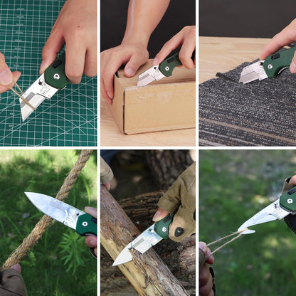 Replaceable Blade Folding Knife, 3-in-1 Pocket Hunting Knives, Liner Lock Knife for Hunting, Skinning & Field Dressing, Green G10 Handle, Includes 16 Blades