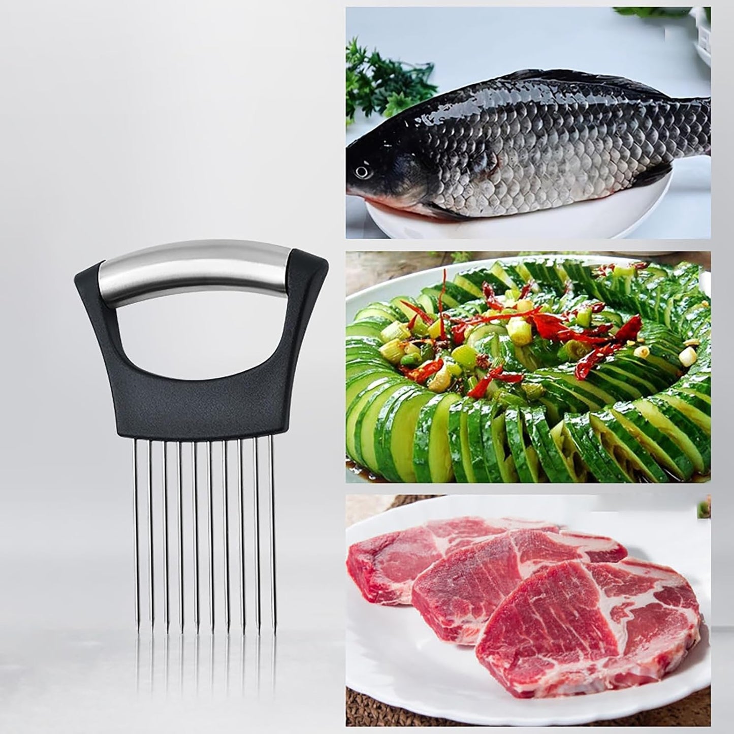 Onion Holder 2Pcs Onion Slicer, Onion Cutter with Protective Cover for Slicing of Fruits and Other Vegetables, Multi-Purpose Kitchen Accessory, Stainless Steel, with Finger Guards for Cutting Food