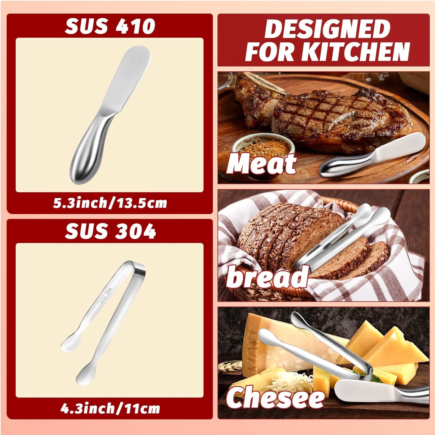 Butter Knives 4 Pieces Stainless Steel Cheese Butter Spreader Knife Set for Cold Butter, Cream Cheese, Jam, Pastry, Charcuterie, Multipurpose Kitchen Gadgets