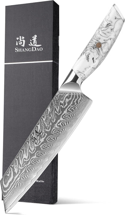 8 Inch Kiritsuke Knife, Kitchen Chef Knife Japenese Forged Damascus Steel with Ink and wash Resin Handle - Full Tang - Hua Series