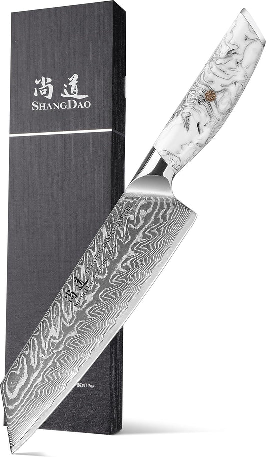 8 Inch Kiritsuke Knife, Kitchen Chef Knife Japenese Forged Damascus Steel with Ink and wash Resin Handle - Full Tang - Hua Series
