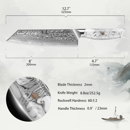 8 Inch Kiritsuke Knife, Kitchen Chef Knife Japenese Forged Damascus Steel with Ink and wash Resin Handle - Full Tang - Hua Series