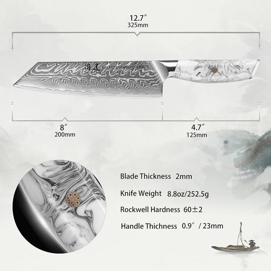 8 Inch Kiritsuke Knife, Kitchen Chef Knife Japenese Forged Damascus Steel with Ink and wash Resin Handle - Full Tang - Hua Series