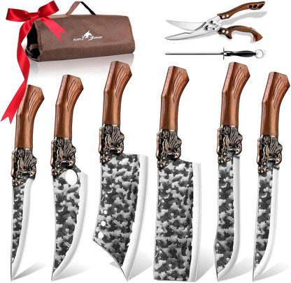 8 Pcs Japanese Chef Butcher Knife Set with Roll Bag | Hand Forged Meat Cleaver, Boning & Viking Knife with Tiger-Head Handle, Built for Kitchen & Camping BBQ, Gifts for Men