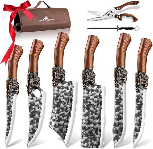 8 Pcs Japanese Chef Butcher Knife Set with Roll Bag | Hand Forged Meat Cleaver, Boning & Viking Knife with Tiger-Head Handle, Built for Kitchen & Camping BBQ, Gifts for Men