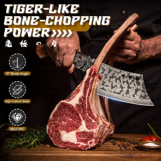 8 Pcs Japanese Chef Butcher Knife Set with Roll Bag | Hand Forged Meat Cleaver, Boning & Viking Knife with Tiger-Head Handle, Built for Kitchen & Camping BBQ, Gifts for Men