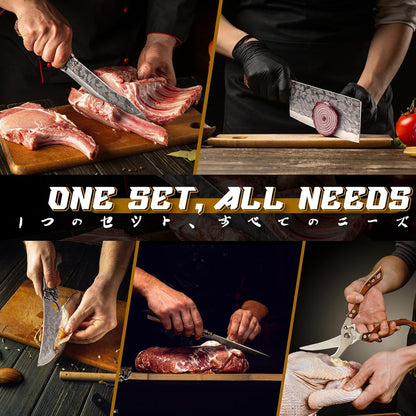 8 Pcs Japanese Chef Butcher Knife Set with Roll Bag | Hand Forged Meat Cleaver, Boning & Viking Knife with Tiger-Head Handle, Built for Kitchen & Camping BBQ, Gifts for Men