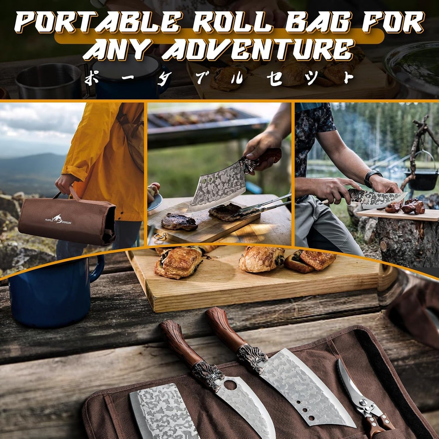 8 Pcs Japanese Chef Butcher Knife Set with Roll Bag | Hand Forged Meat Cleaver, Boning & Viking Knife with Tiger-Head Handle, Built for Kitchen & Camping BBQ, Gifts for Men