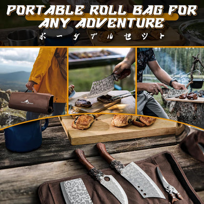 8 Pcs Japanese Chef Butcher Knife Set with Roll Bag | Hand Forged Meat Cleaver, Boning & Viking Knife with Tiger-Head Handle, Built for Kitchen & Camping BBQ, Gifts for Men