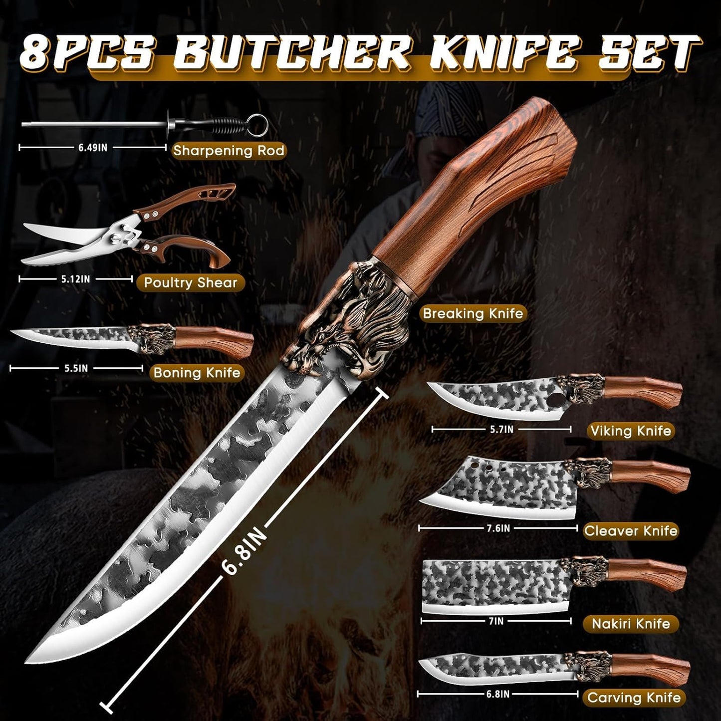 8 Pcs Japanese Chef Butcher Knife Set with Roll Bag | Hand Forged Meat Cleaver, Boning & Viking Knife with Tiger-Head Handle, Built for Kitchen & Camping BBQ, Gifts for Men