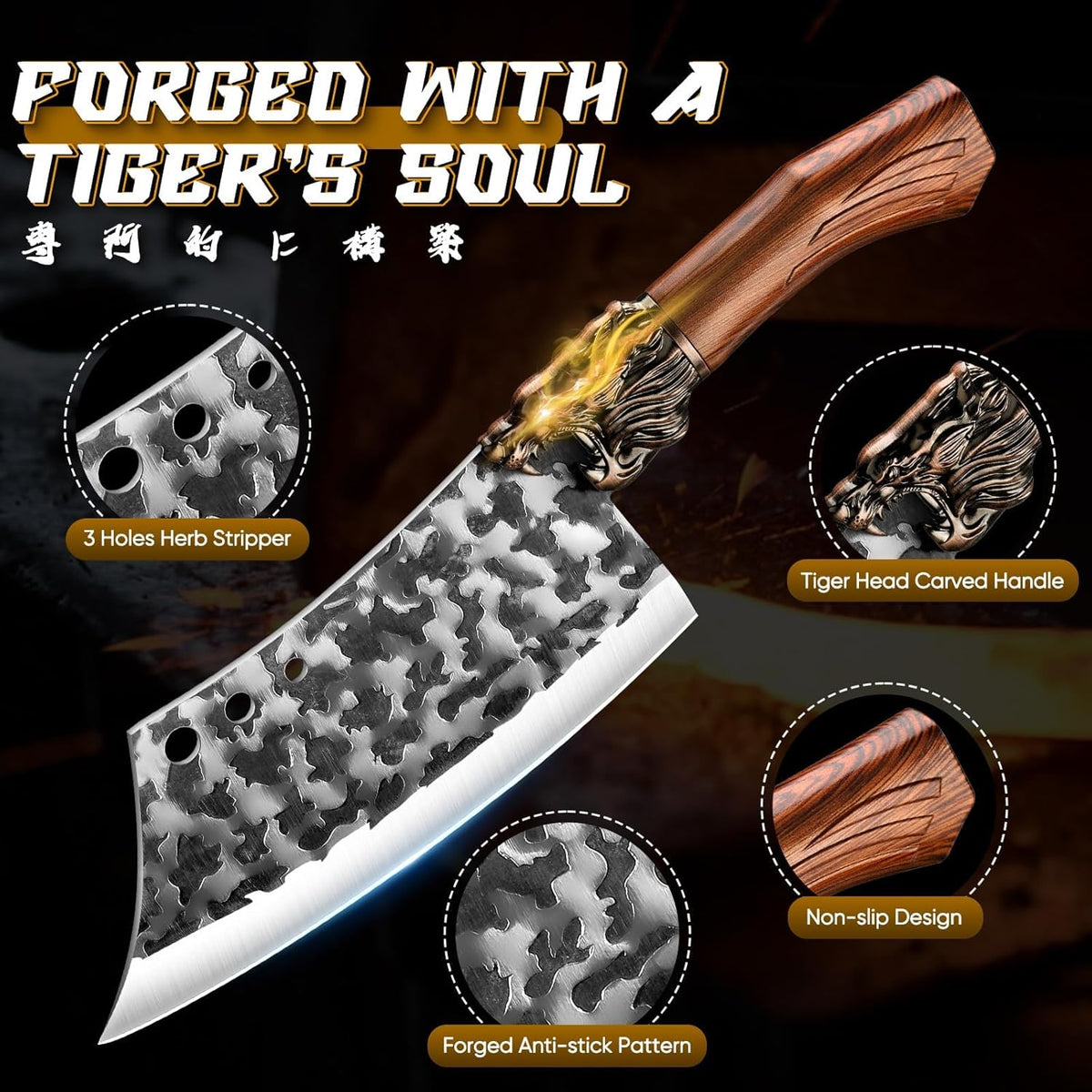 8 Pcs Japanese Chef Butcher Knife Set with Roll Bag | Hand Forged Meat Cleaver, Boning & Viking Knife with Tiger-Head Handle, Built for Kitchen & Camping BBQ, Gifts for Men