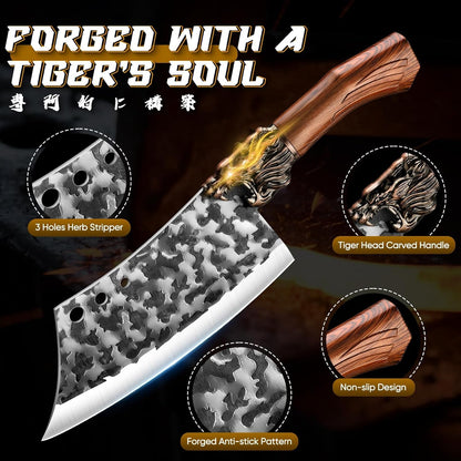 8 Pcs Japanese Chef Butcher Knife Set with Roll Bag | Hand Forged Meat Cleaver, Boning & Viking Knife with Tiger-Head Handle, Built for Kitchen & Camping BBQ, Gifts for Men