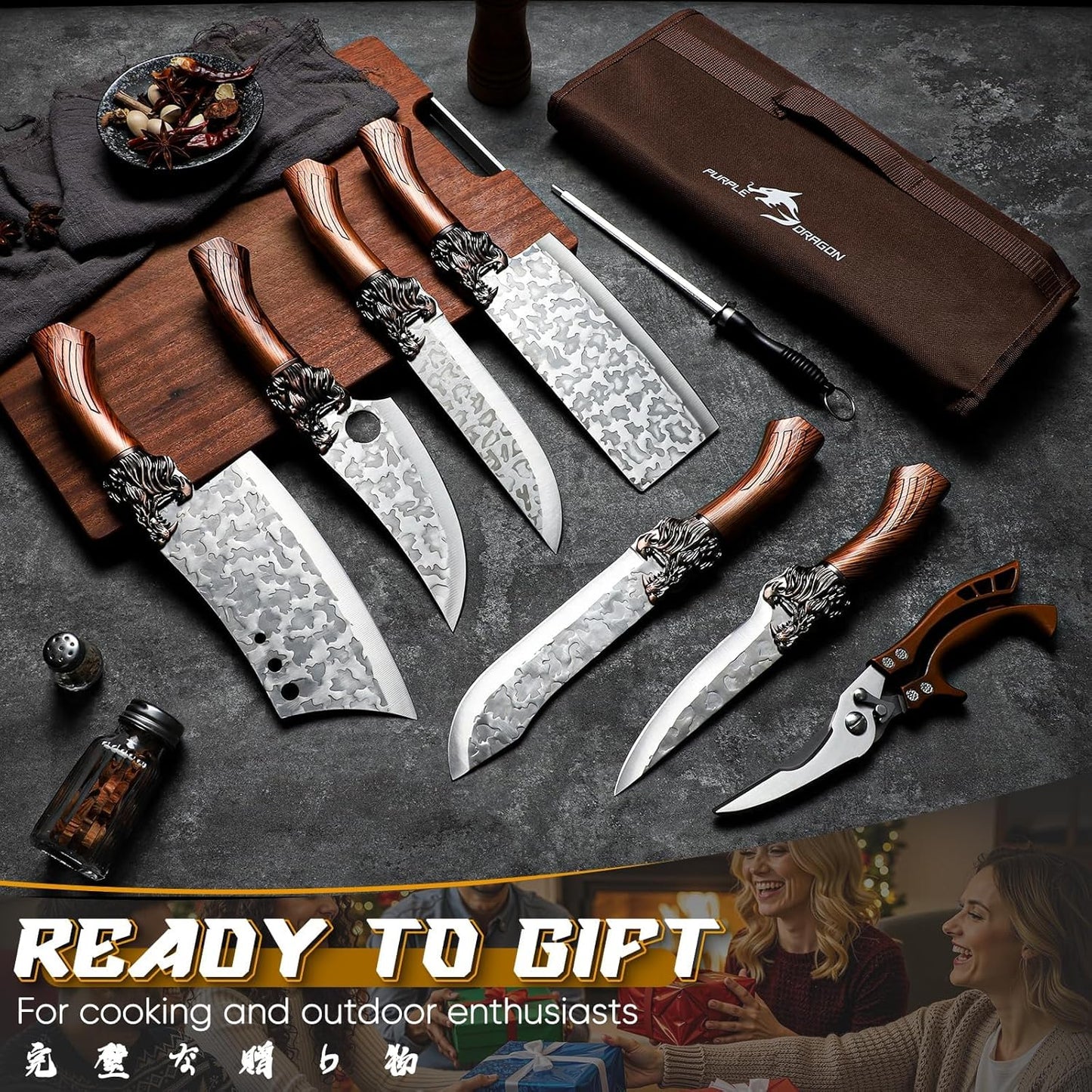 8 Pcs Japanese Chef Butcher Knife Set with Roll Bag | Hand Forged Meat Cleaver, Boning & Viking Knife with Tiger-Head Handle, Built for Kitchen & Camping BBQ, Gifts for Men