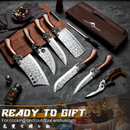 8 Pcs Japanese Chef Butcher Knife Set with Roll Bag | Hand Forged Meat Cleaver, Boning & Viking Knife with Tiger-Head Handle, Built for Kitchen & Camping BBQ, Gifts for Men