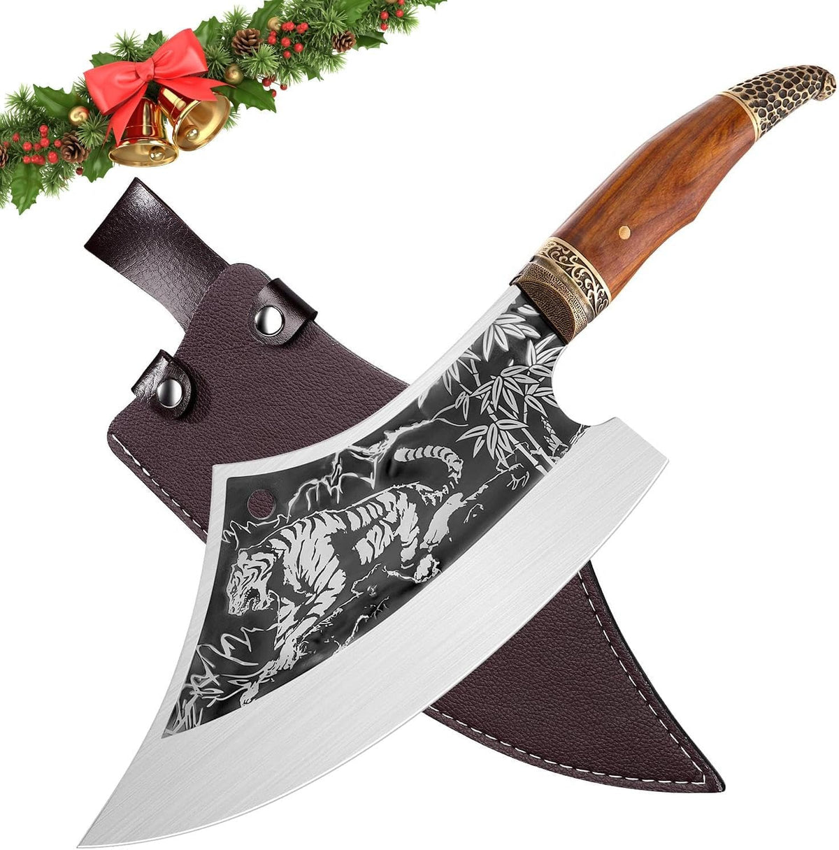8 Pcs Japanese Chef Butcher Knife Set with Roll Bag | Hand Forged Meat Cleaver, Boning & Viking Knife with Tiger-Head Handle, Built for Kitchen & Camping BBQ, Gifts for Men