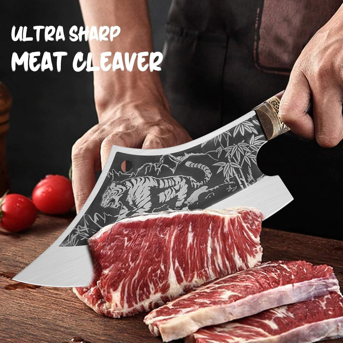 8 Pcs Japanese Chef Butcher Knife Set with Roll Bag | Hand Forged Meat Cleaver, Boning & Viking Knife with Tiger-Head Handle, Built for Kitchen & Camping BBQ, Gifts for Men