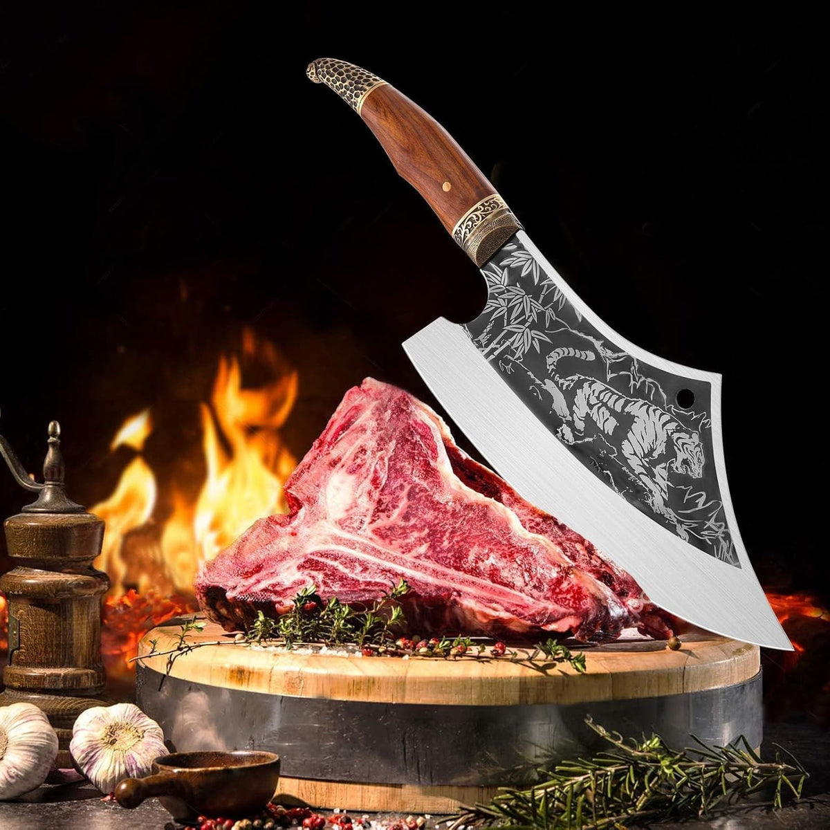 8 Pcs Japanese Chef Butcher Knife Set with Roll Bag | Hand Forged Meat Cleaver, Boning & Viking Knife with Tiger-Head Handle, Built for Kitchen & Camping BBQ, Gifts for Men