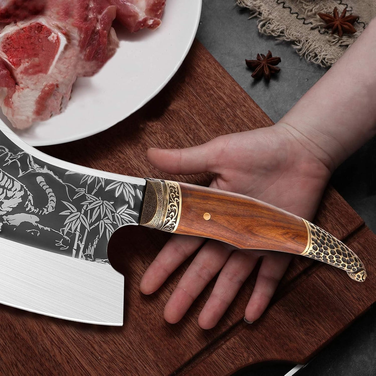 8 Pcs Japanese Chef Butcher Knife Set with Roll Bag | Hand Forged Meat Cleaver, Boning & Viking Knife with Tiger-Head Handle, Built for Kitchen & Camping BBQ, Gifts for Men