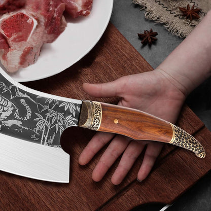 8 Pcs Japanese Chef Butcher Knife Set with Roll Bag | Hand Forged Meat Cleaver, Boning & Viking Knife with Tiger-Head Handle, Built for Kitchen & Camping BBQ, Gifts for Men