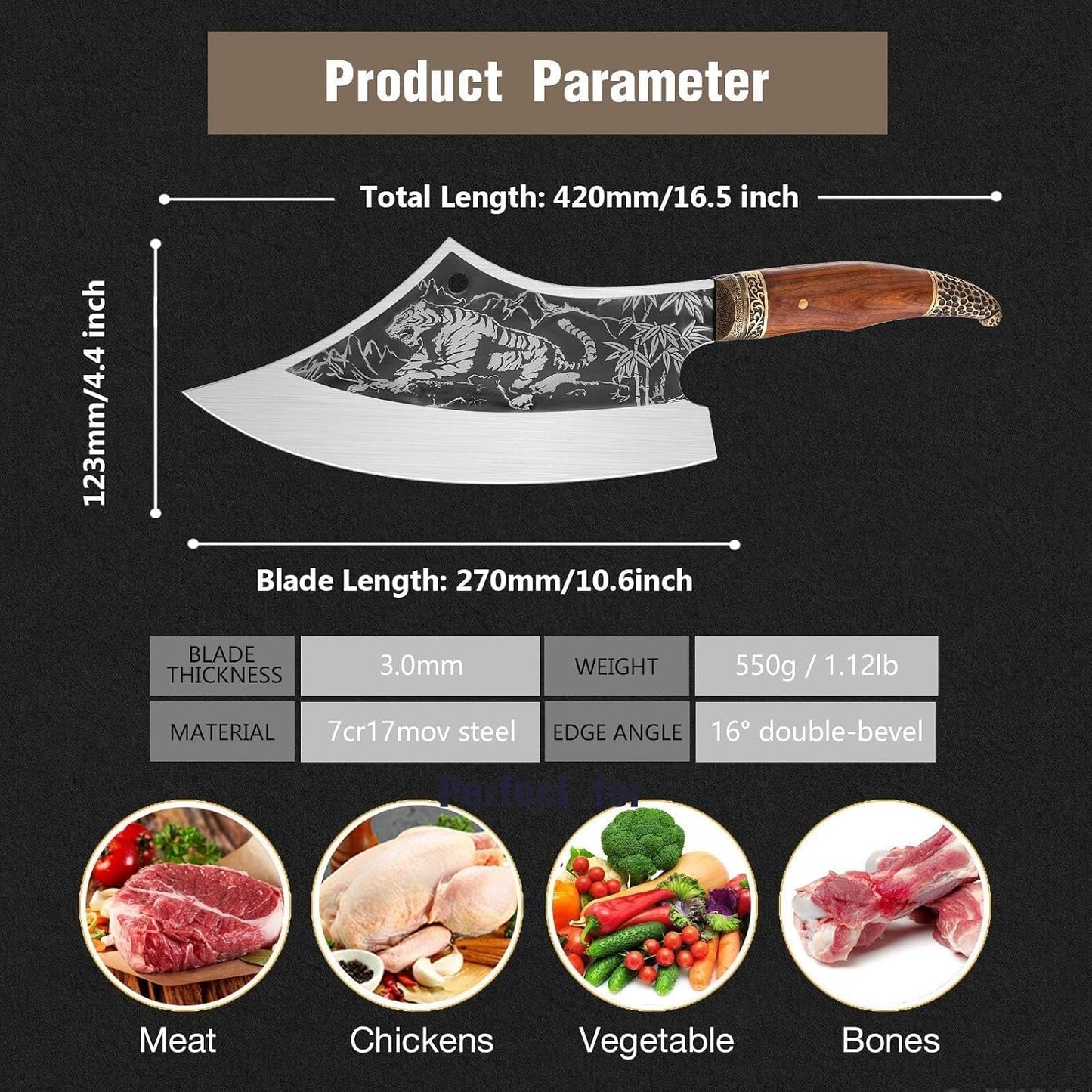 8 Pcs Japanese Chef Butcher Knife Set with Roll Bag | Hand Forged Meat Cleaver, Boning & Viking Knife with Tiger-Head Handle, Built for Kitchen & Camping BBQ, Gifts for Men