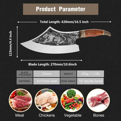 8 Pcs Japanese Chef Butcher Knife Set with Roll Bag | Hand Forged Meat Cleaver, Boning & Viking Knife with Tiger-Head Handle, Built for Kitchen & Camping BBQ, Gifts for Men
