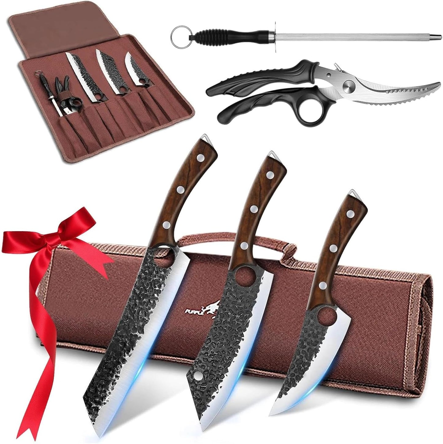 8 Pcs Japanese Chef Butcher Knife Set with Roll Bag | Hand Forged Meat Cleaver, Boning & Viking Knife with Tiger-Head Handle, Built for Kitchen & Camping BBQ, Gifts for Men