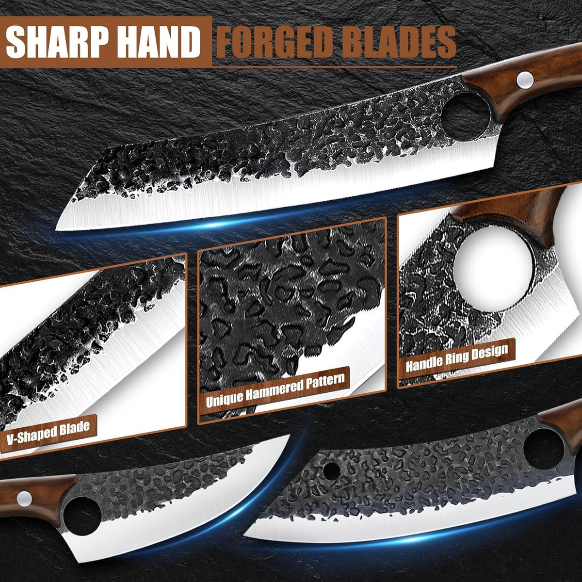 8 Pcs Japanese Chef Butcher Knife Set with Roll Bag | Hand Forged Meat Cleaver, Boning & Viking Knife with Tiger-Head Handle, Built for Kitchen & Camping BBQ, Gifts for Men