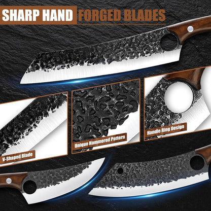 8 Pcs Japanese Chef Butcher Knife Set with Roll Bag | Hand Forged Meat Cleaver, Boning & Viking Knife with Tiger-Head Handle, Built for Kitchen & Camping BBQ, Gifts for Men