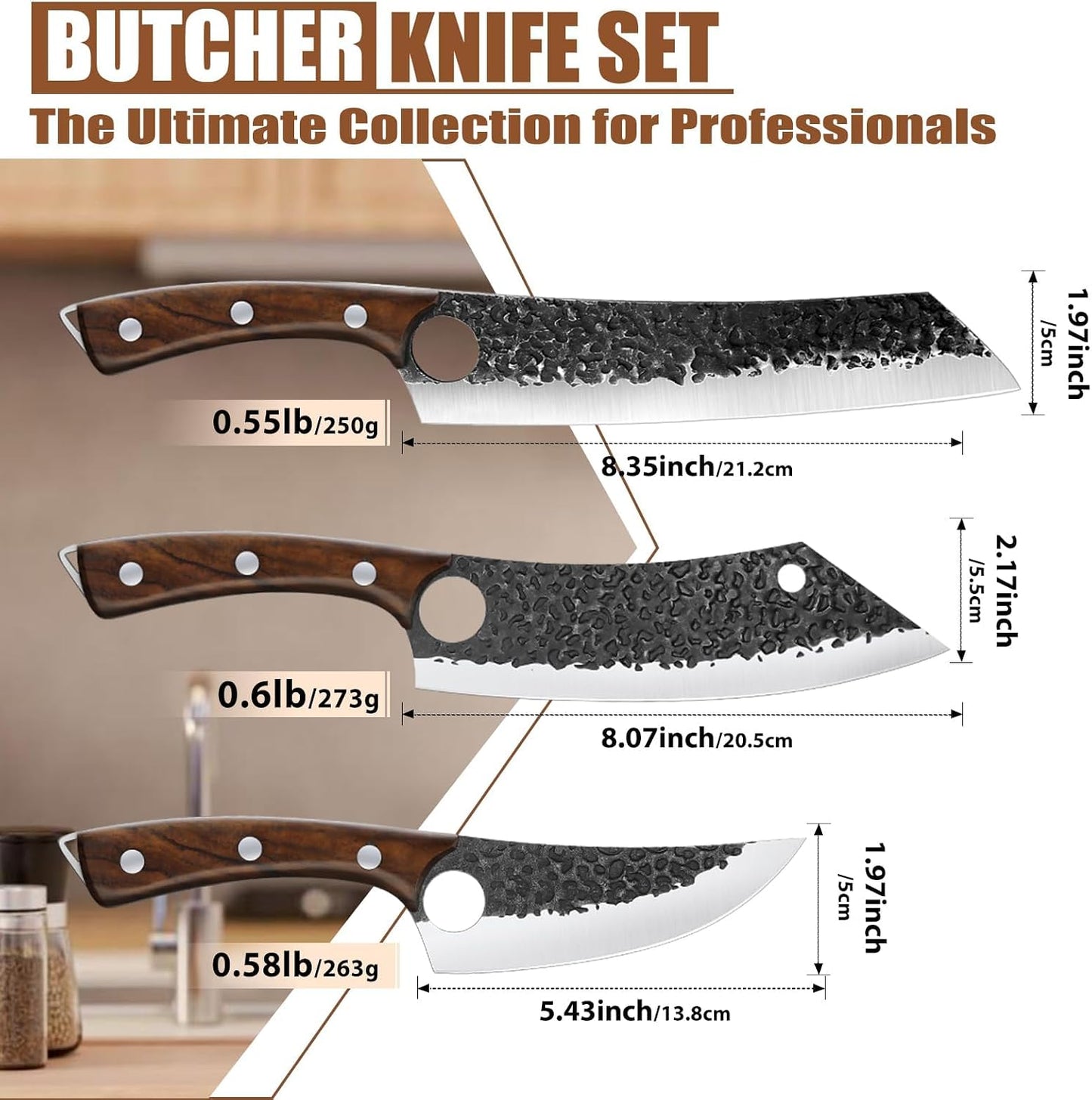 8 Pcs Japanese Chef Butcher Knife Set with Roll Bag | Hand Forged Meat Cleaver, Boning & Viking Knife with Tiger-Head Handle, Built for Kitchen & Camping BBQ, Gifts for Men